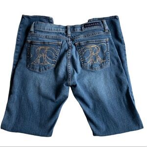 Rock & Republic Sz 6 Berlin Gold Embellished Stonewashed Straight Leg Jeans